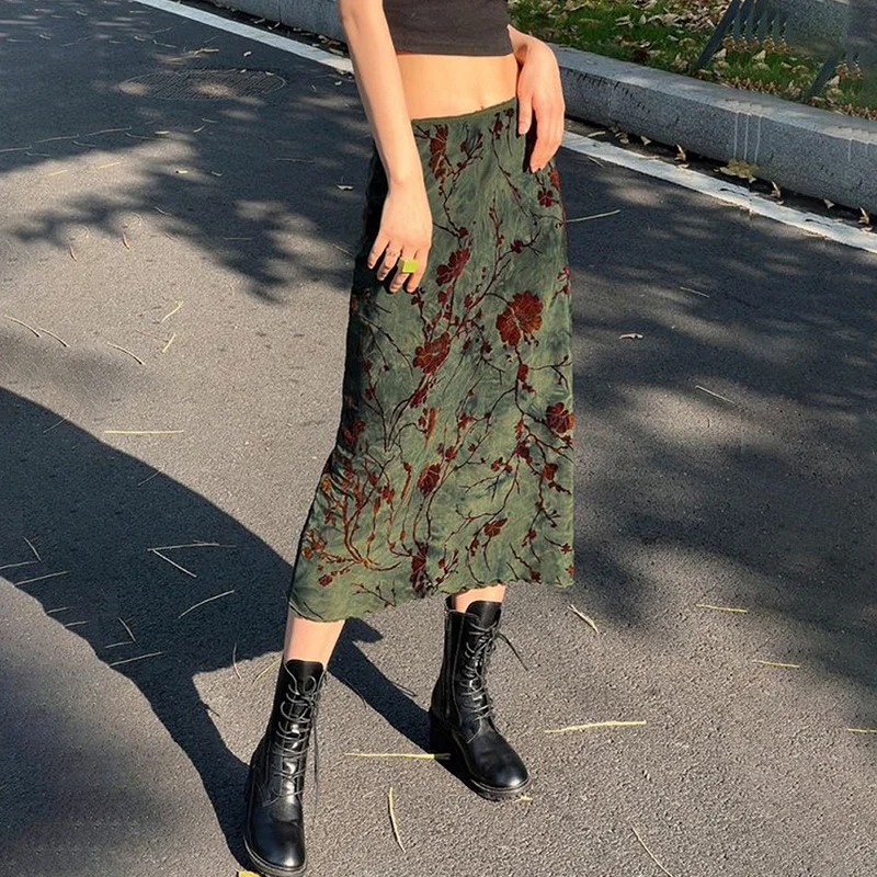Women'S Fashion Gothic Retro Ink Rose Floral Printing High Waist Skirt denim skirt stylish