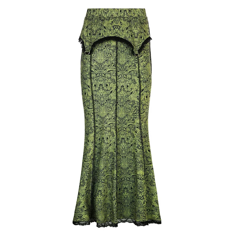 Women'S Fashion Temperament Printing Stitching Lace High Waist Mermaid Long Skirt lace skirt feminine