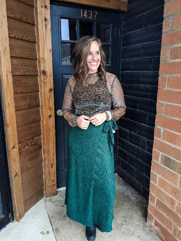Wrap Tie Textured Midi Skirt - Hunter Green silk skirt luxurious