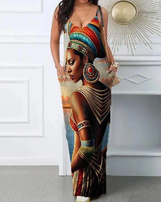 Black Girl Ethnic Style Personality Print Halter Dress
