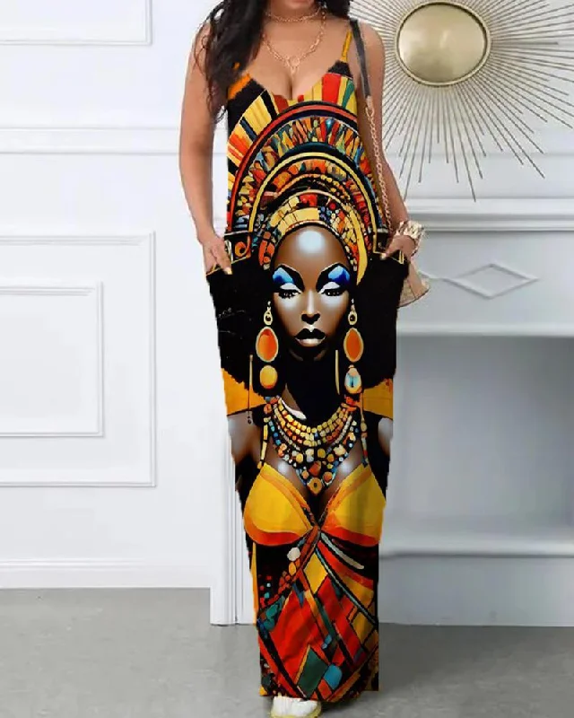 Ethnic Style Black Girl Print Halter Dress