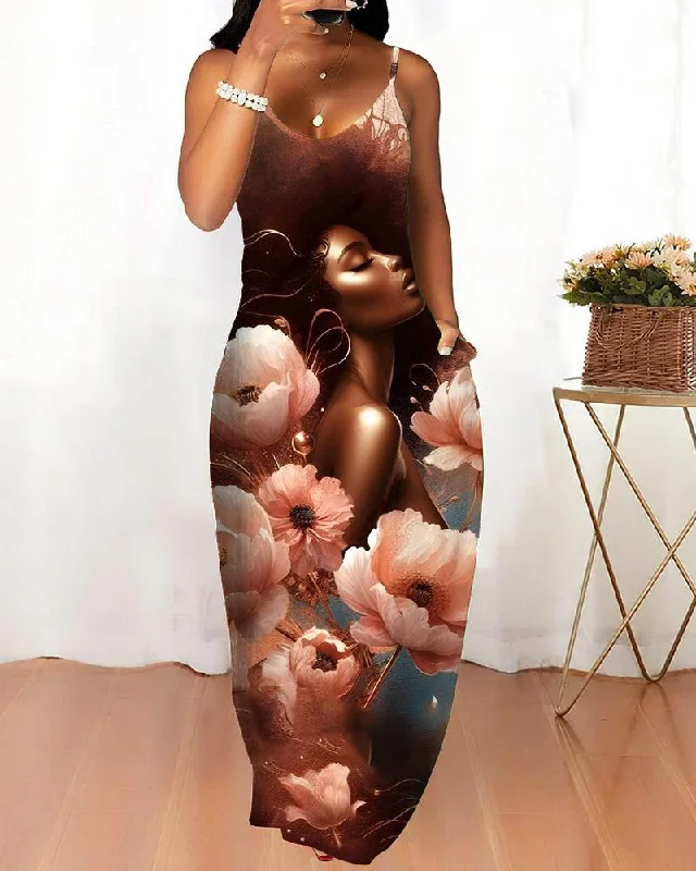 Fashionable And Simple Art Portrait Print Cami Dress