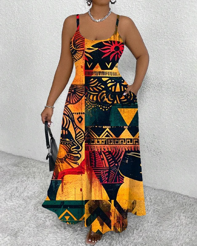 Fashionable And Versatile Portrait Ethnic Prints Cami Dress
