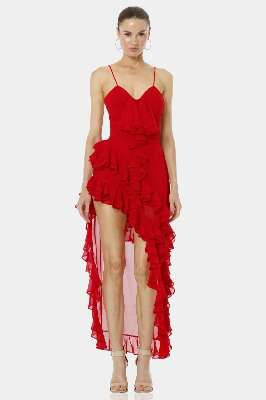 Gitsa Cliff Romantic Red Long High Low Ruffle Dress