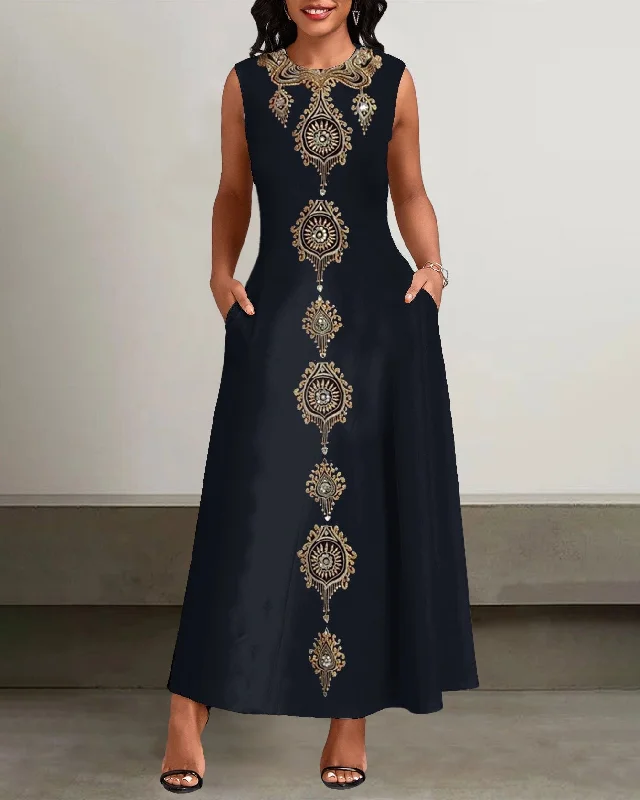 Gold Engraved Print Pockets Casual Dress