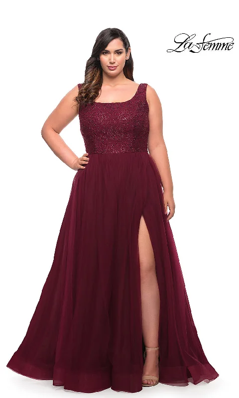 La Femme Plus-Size Long Lace-Bodice Prom Dress