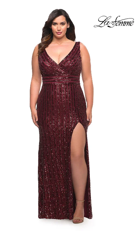 La Femme Striped Sequin Plus-Size Long Prom Dress