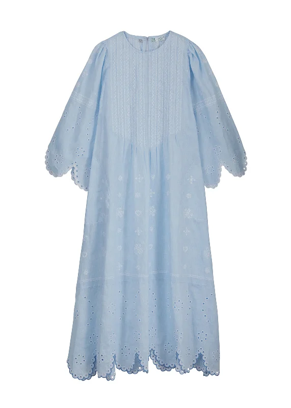 Maryna Embroidered Ukrainian Dress - Light Blue, White by Larkin Lane