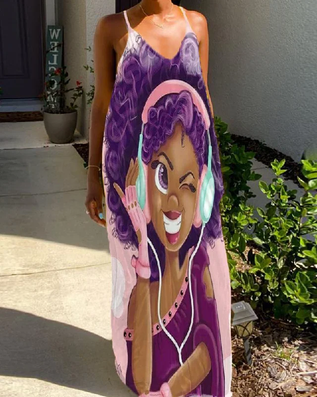Musical Cartoon Black Girl Print Halter Dress