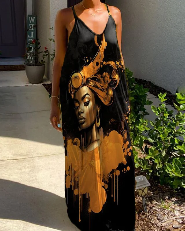Oil Painting Notes Black Girl Print Halter Dress