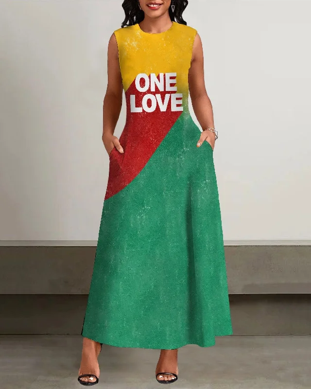 One Love Block Splicing Print Pockets Casual Dress