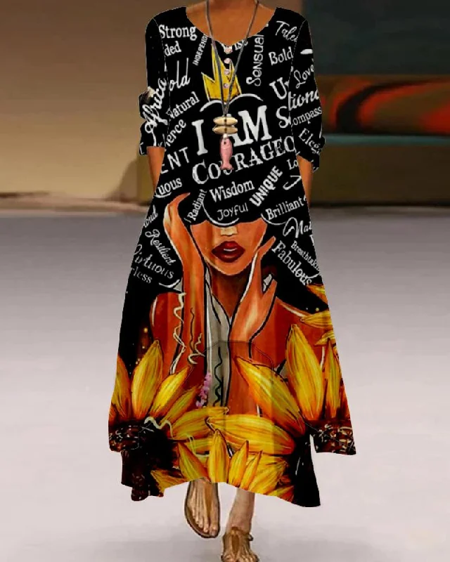 Personalized sunflower letter print round neck long-sleeved dress