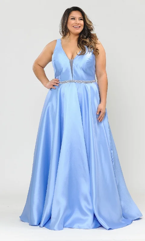 V-Neck Plus-Size Long Prom Dress with Pockets W1108