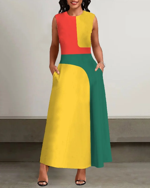 Rasta Color Block Splicing Print Pockets Casual Dress
