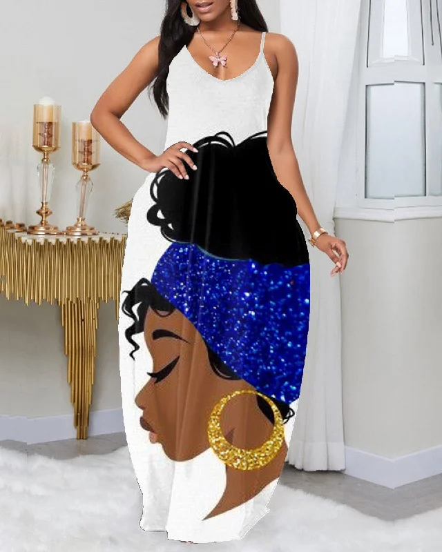 Sling Afro Cartoon Girl Pocket Dress