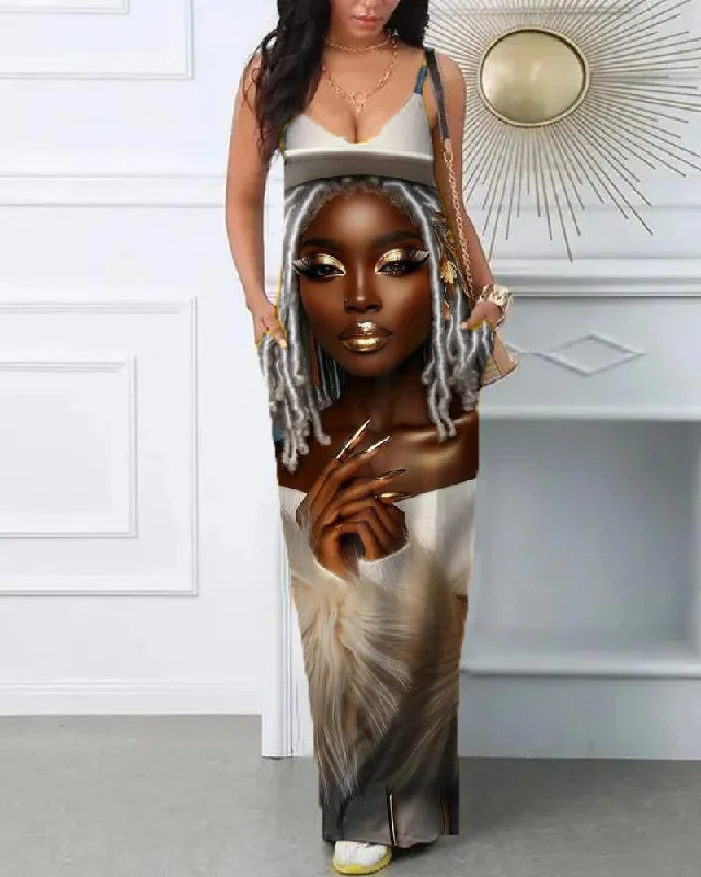 Stylish Black Girl Print Slip Dress