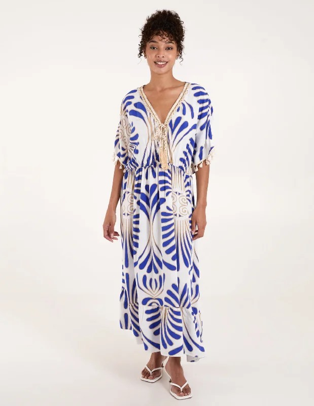 Swirl Feather Print Tassel Dress