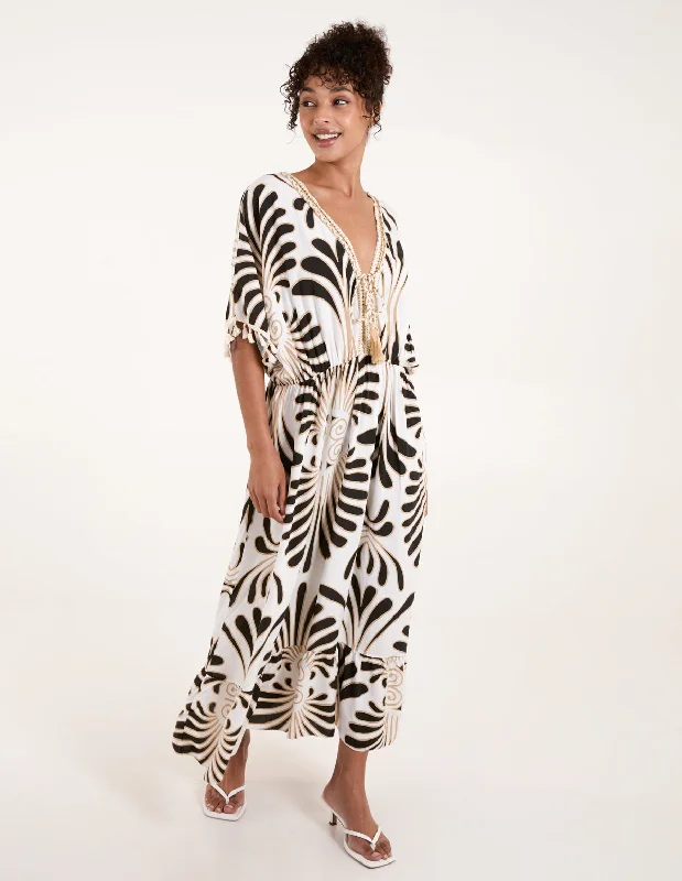 Swirl Feather Print Tassel Dress