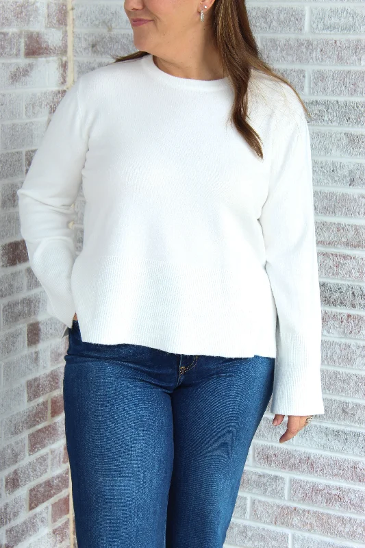 Bright and Early Side Slit LS Sweater Top Houndstooth Herringbone Solid