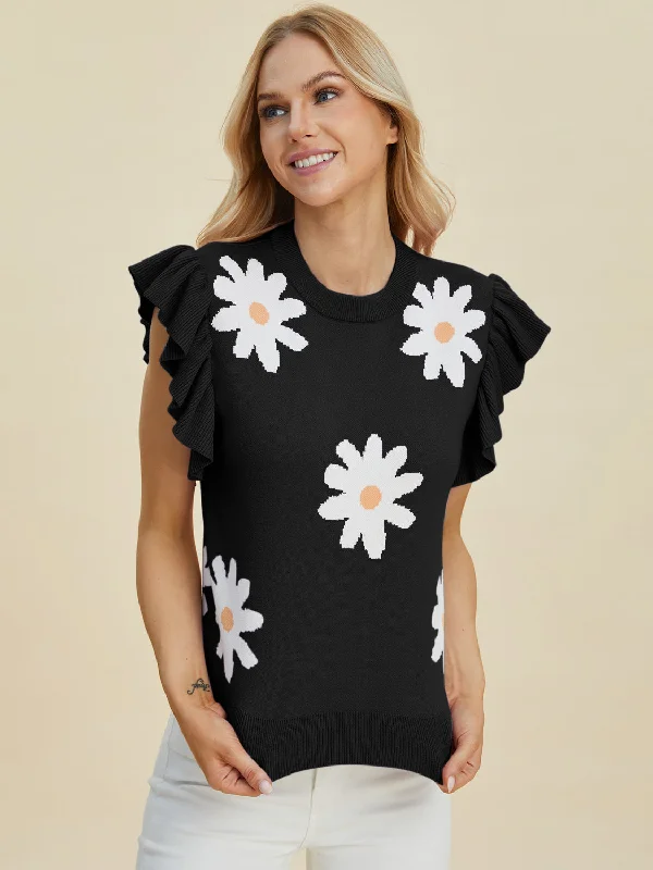 Double Take Full Size Ruffled Flower Round Neck Cap Sleeve Sweater Solid Print Embellished