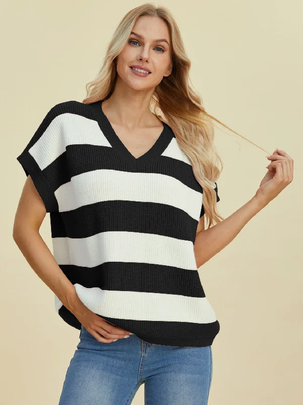 Double Take Full Size Striped V-Neck Short Sleeve Sweater Embroidered Appliqued Beaded