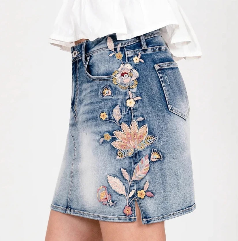 Lace Embroidery Stretch Denim Mini Skirt at Bourbon Cowgirl