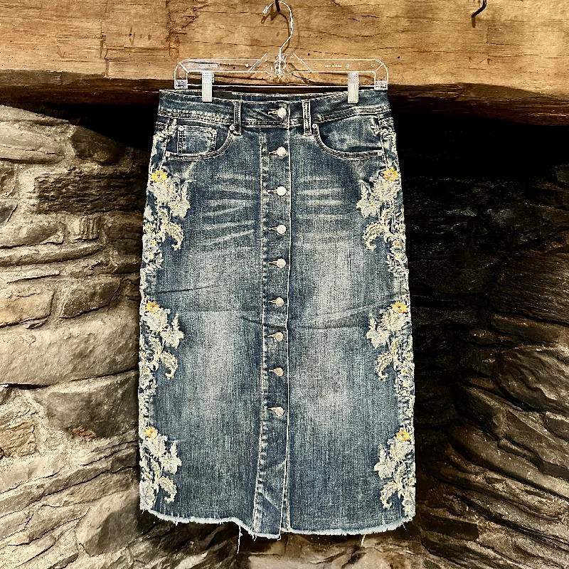 Lace Embroidery Stretch Denim Skirt at Bourbon Cowgirl