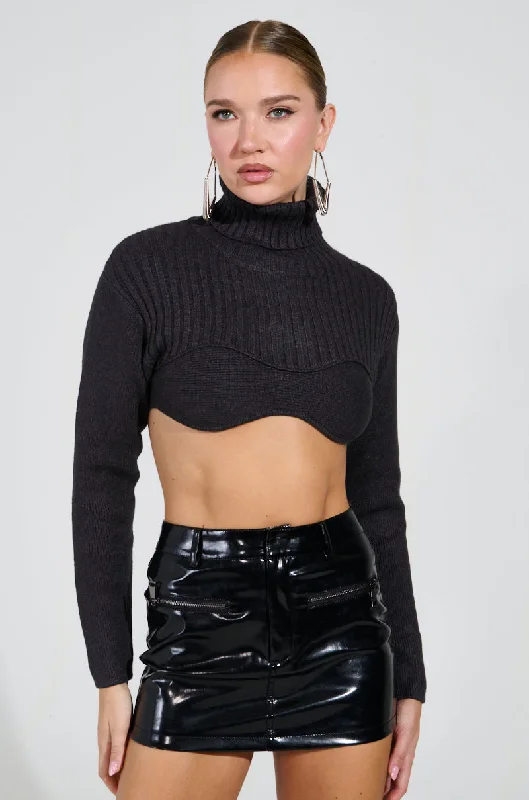 MADE YOU LOOK SUPER CROPPED SWEATER IN CHARCOAL GREY Denim Fabric Leather Fabric Suede Fabric