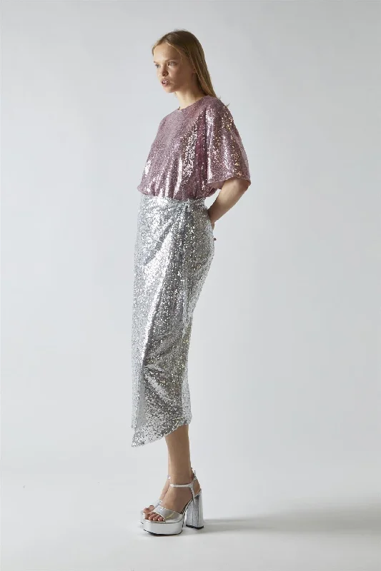 Silver-Sequin Wrap Midi-Skirt