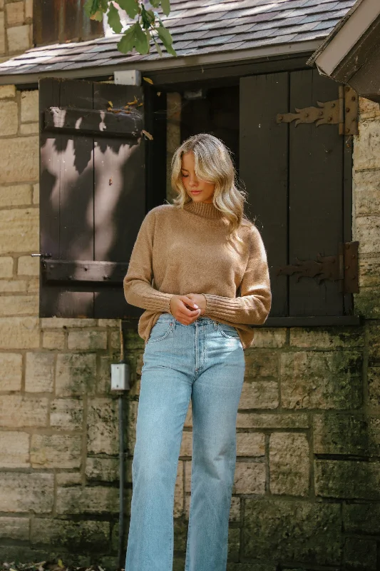 Tenlea Hunter - Cashmere Dolman Stand Neck Sweater in Camel Heather Elasticated Padded Insulated Tenlea Hunter - Cashmere Dolman Stand Neck Sweater in Camel Heather Elasticated Padded Insulated