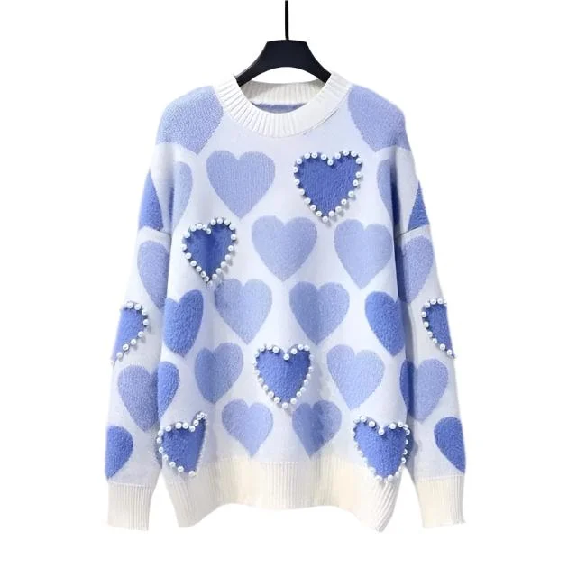YTW Women's Fine Fashion Autumn Winter Stylish Blue Beaded Heart Shape Sweater Hooded Sweater Collared Sweater Shawl Collar