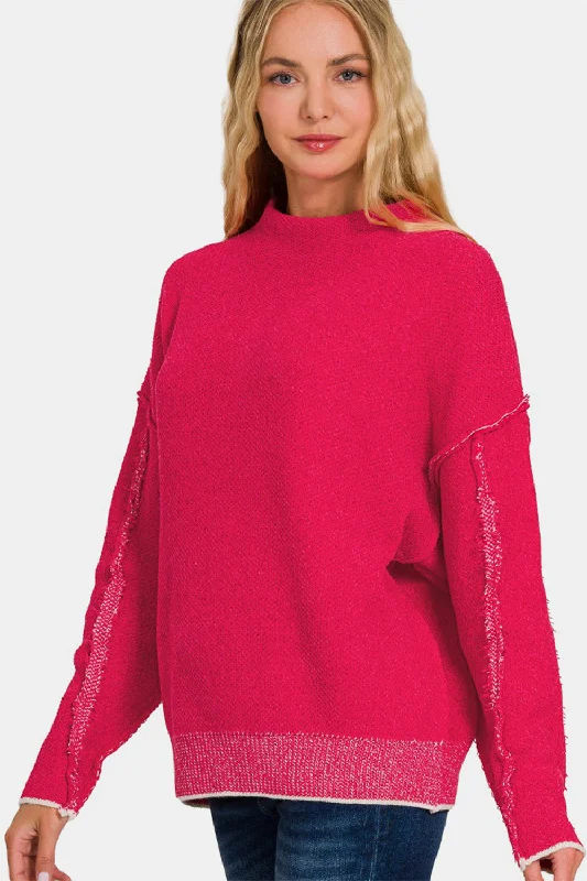 Zenana Exposed Seam Mock Neck Long Sleeve Sweater Modern Contemporary Chic