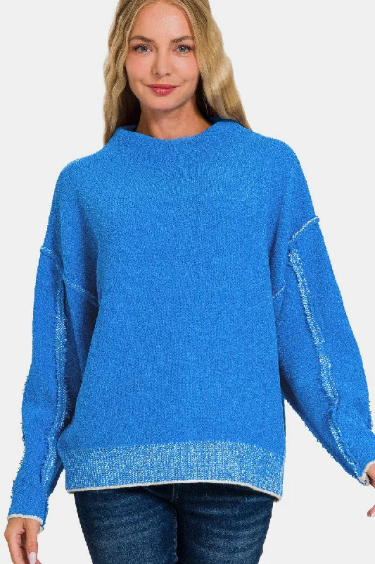 Zenana Exposed Seam Mock Neck Long Sleeve Sweater Seamless Knitted Crochet
