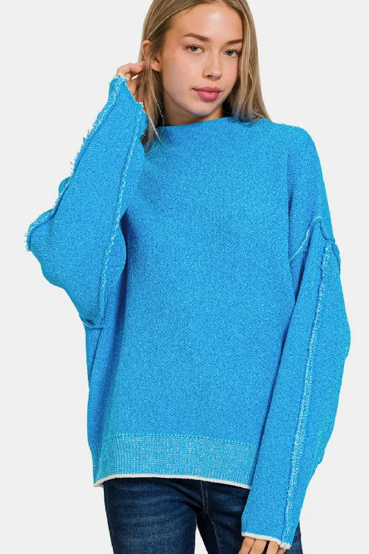 Zenana Exposed Seam Mock Neck Long Sleeve Sweater Cashmere Blend Cotton Blend Poly Blend