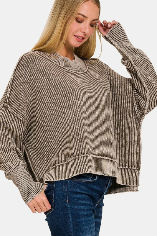 Zenana Exposed Seam Round Neck Dropped Shoulder Sweater Casual Formal Business