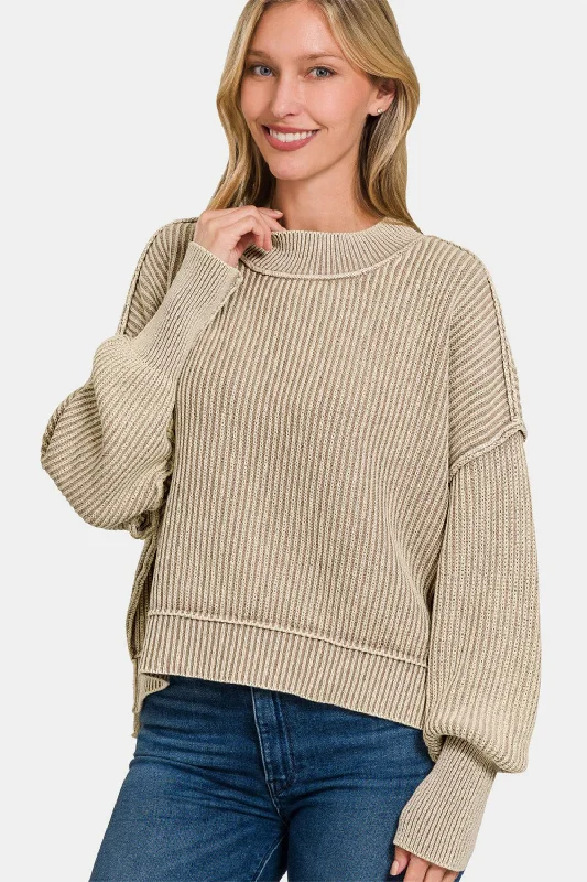 Zenana Exposed Seam Round Neck Dropped Shoulder Sweater Chenille Blend Fleece Blend Nylon Blend
