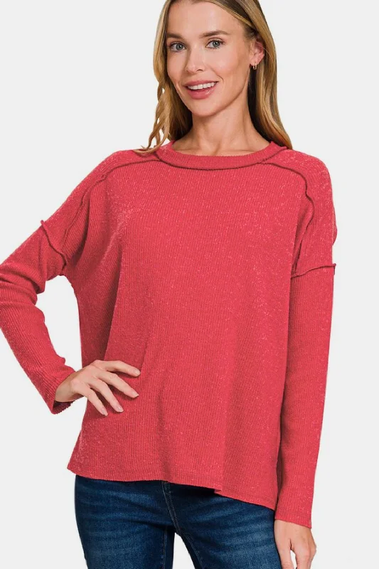 Zenana Full Size Exposed Seam Brushed Round Neck Sweater Neon Metallic Matte