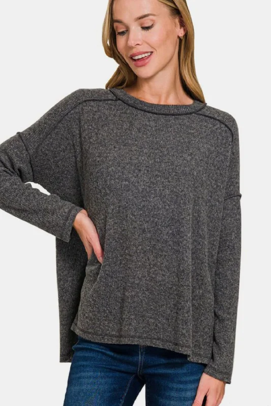 Zenana Full Size Exposed Seam Brushed Round Neck Sweater Bright Pastel Dark