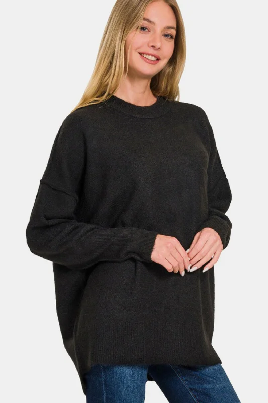 Zenana High-Low Hem Drop Shoulder Sweater Oversized Loose Flowy