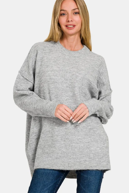 Zenana High-Low Hem Drop Shoulder Sweater Fitted Slim Tailored