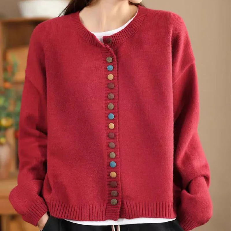 Babakud Women Autumn Wool Cotton Knitted Colorful Button Sweater