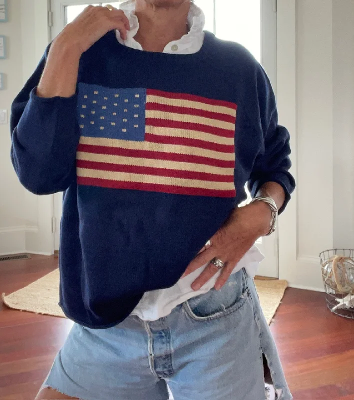 Flag Cozy Acrylic Boxy Sweater NAVY