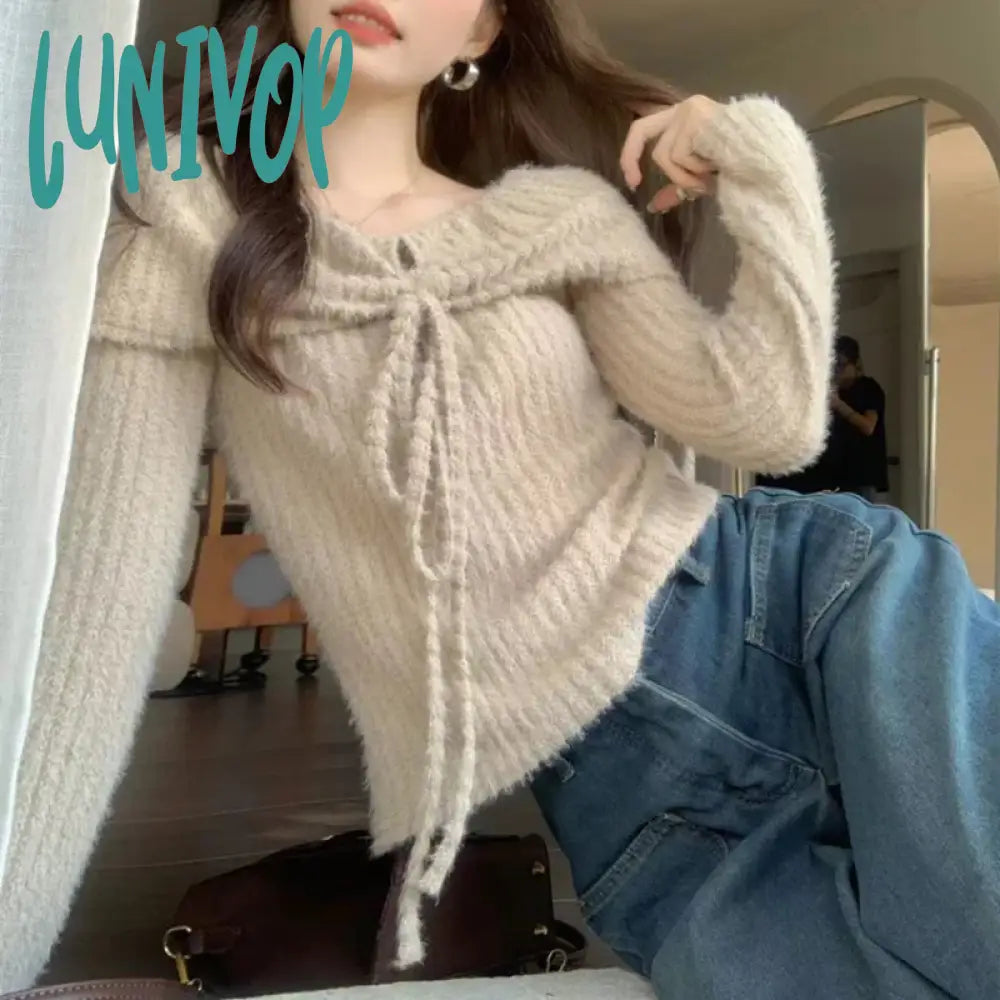 Lunivop Fashion Sexy Off Shoulder Knit Sweater Women Autumn Korean Style Slim Halter Jumper Harajuku Aesthetic Knitwear Vintage Top