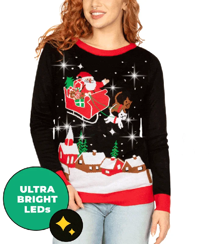 Women's Meowy Christmas Sleigh Light Up Ugly Christmas Sweater